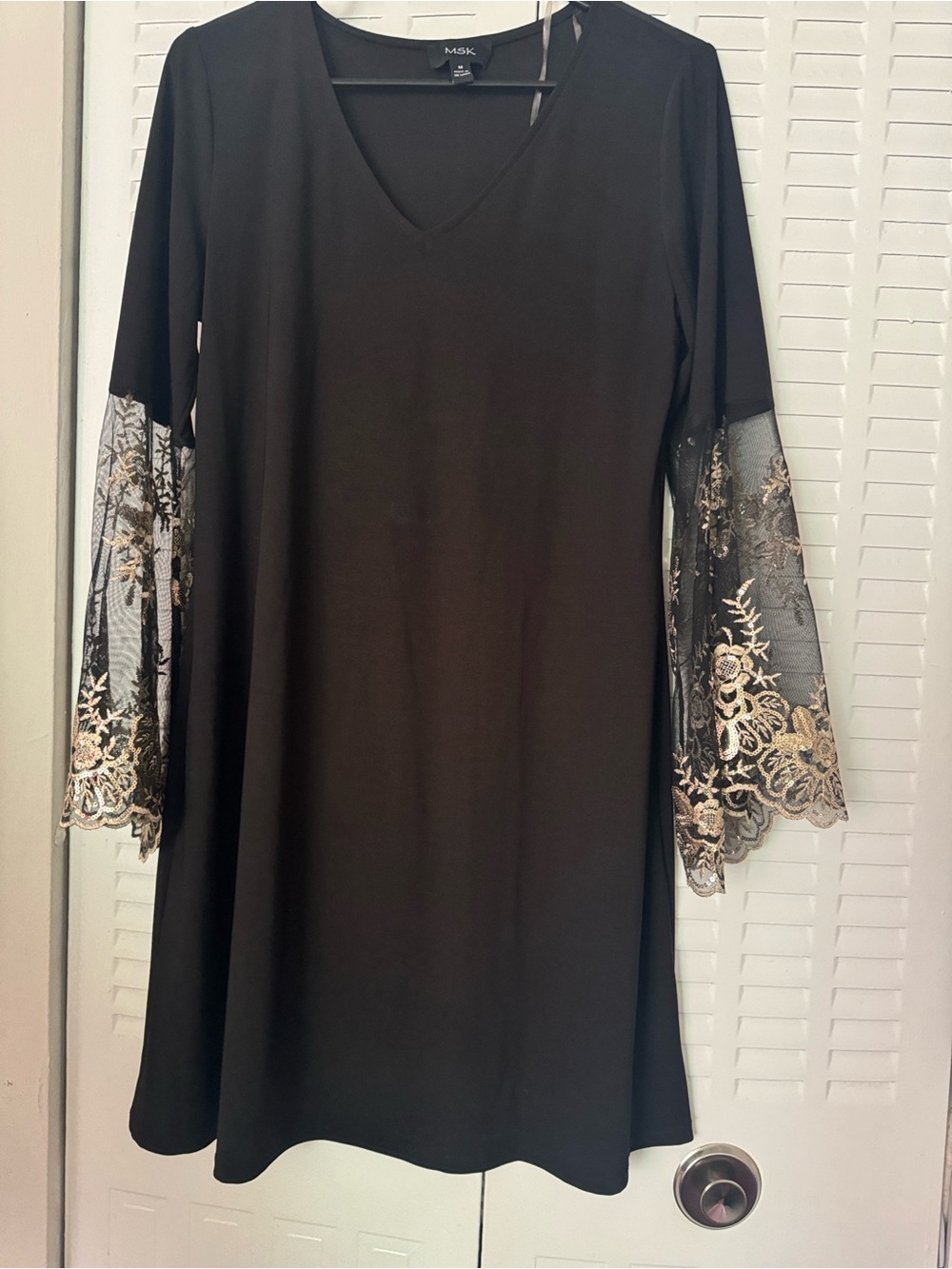 MSK Black V-Neck Dress with Gold-Embroidered Lace Bell Sleeves stretchy material